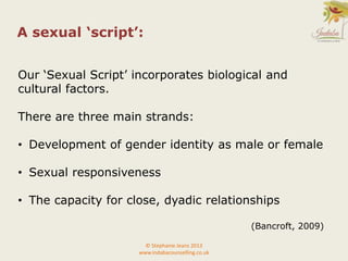 © Stephanie Jeans 2013
www.indabacounselling.co.uk
Our ‘Sexual Script’ incorporates biological and
cultural factors.
There are three main strands:
• Development of gender identity as male or female
• Sexual responsiveness
• The capacity for close, dyadic relationships
(Bancroft, 2009)
A sexual ‘script’:
 