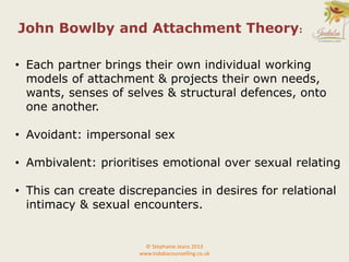 • Each partner brings their own individual working
models of attachment & projects their own needs,
wants, senses of selves & structural defences, onto
one another.
• Avoidant: impersonal sex
• Ambivalent: prioritises emotional over sexual relating
• This can create discrepancies in desires for relational
intimacy & sexual encounters.
© Stephanie Jeans 2013
www.indabacounselling.co.uk
John Bowlby and Attachment Theory:
 