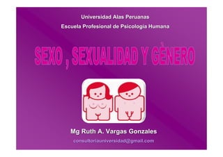 Universidad Alas Peruanas
Escuela Profesional de Psicología Humana




   Mg Ruth A. Vargas Gonzales
    consultoriauniversidad@gmail.com
 