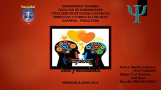 Autora: Mariluz Carmona
HPS-173-00238V
Tutora: Prof. Xiomara,
Rodríguez
Sección: ED02D0V 2018-2VENEZUELA.JUNIO-2018
UNIVERSIDAD YACAMBU
FACULTAD DE HUMANIDADES
DIRECCION DE ESTUDIOS A DISTANCIA
FISIOLOGIA Y CONDUCTA (THF-0333)
CARRERA - PSICOLOGIA
 