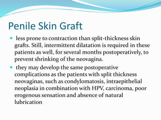 Penile Skin Graft
 less prone to contraction than split-thickness skin
grafts. Still, intermittent dilatation is required in these
patients as well, for several months postoperatively, to
prevent shrinking of the neovagina.
 they may develop the same postoperative
complications as the patients with split thickness
neovaginas, such as condylomatosis, intraepithelial
neoplasia in combination with HPV, carcinoma, poor
erogenous sensation and absence of natural
lubrication
 