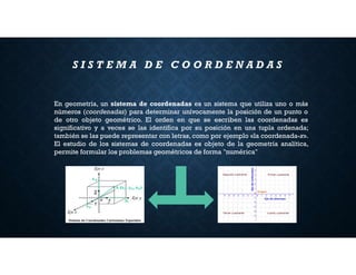 En geometría, un sistema de coordenadas es un sistema que utiliza uno o más
números (coordenadas) para determinar unívocamente la posición de un punto o
de otro objeto geométrico. El orden en que se escriben las coordenadas es
significativo y a veces se las identifica por su posición en una tupla ordenada;
también se las puede representar con letras, como por ejemplo «la coordenada-x».
El estudio de los sistemas de coordenadas es objeto de la geometría analítica,
permite formular los problemas geométricos de forma "numérica"
S I S T E M A D E C O O R D E N A D A S
 