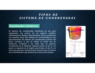 T I P O S D E
S I S T E M A D E C O O R D E N A D A S
El sistema de coordenadas cilíndricas se usa para
representar los puntos de un espacio euclídeo
tridimensional. Resulta especialmente útil en problemas
con simetría axial. Este sistema de coordenadas es una
generalización del sistema de coordenadas polares del
plano euclídeo, al que se añade un tercer eje de
referencia ortogonal a los otros dos. La primera
coordenada es la distancia existente entre el eje Z y el
punto, la segunda es el ángulo que forman el eje X y la
recta que pasa por ambos puntos, mientras que la tercera
es la coordenada z que determina la altura del cilindro.
Coordenadas cilíndricas
 