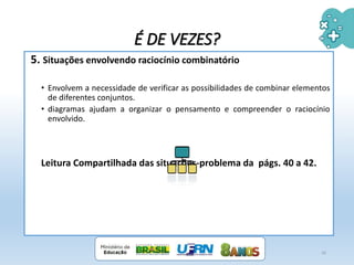 5. Situações envolvendo raciocínio combinatório
• Envolvem a necessidade de verificar as possibilidades de combinar elementos
de diferentes conjuntos.
• diagramas ajudam a organizar o pensamento e compreender o raciocínio
envolvido.
Leitura Compartilhada das situações-problema da págs. 40 a 42.
20
É DE VEZES?
 