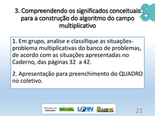 3. Compreendendo os significados conceituais
para a construção do algoritmo do campo
multiplicativo
1. Em grupo, analise e classifique as situações-
problema multiplicativas do banco de problemas,
de acordo com as situações apresentadas no
Caderno, das páginas 32 a 42.
2. Apresentação para preenchimento do QUADRO
no coletivo.
21
 