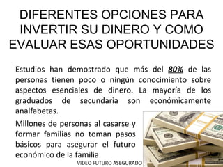 DIFERENTES OPCIONES PARA INVERTIR SU DINERO Y COMO EVALUAR ESAS OPORTUNIDADES Estudios han demostrado que más del  80%  de las personas tienen poco o ningún conocimiento sobre aspectos esenciales de dinero. La mayoría de los graduados de secundaria son económicamente analfabetas. Millones de personas al casarse y formar familias no toman pasos básicos para asegurar el futuro económico de la familia. VIDEO FUTURO ASEGURADO 