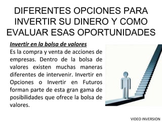 DIFERENTES OPCIONES PARA INVERTIR SU DINERO Y COMO EVALUAR ESAS OPORTUNIDADES Invertir en la bolsa de valores Es la compra y venta de acciones de empresas. Dentro de la bolsa de valores existen muchas maneras diferentes de intervenir. Invertir en Opciones o Invertir en Futuros forman parte de esta gran gama de posibilidades que ofrece la bolsa de valores.  VIDEO INVERSION 