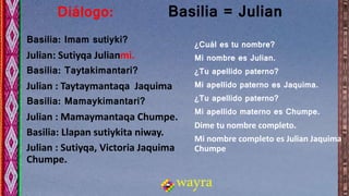 wayra
Diálogo: Basilia = Julian
Basilia: Imam sutiyki?
Julian: Sutiyqa Julianmi.
Basilia: Taytakimantari?
Julian : Taytaym...