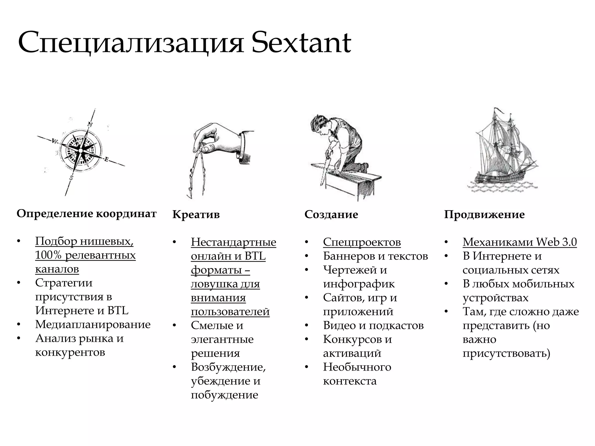 Специализация Sextant




Определение координат   Креатив             Создание                 Продвижение

•   Подбор нишевых,     •   Нестандартные   •   Спецпроектов         •   Механиками Web 3.0
    100% релевантных        онлайн и BTL    •   Баннеров и текстов   •   В Интернете и
    каналов                 форматы –       •   Чертежей и               социальных сетях
•   Стратегии               ловушка для         инфографик           •   В любых мобильных
    присутствия в           внимания        •   Сайтов, игр и            устройствах
    Интернете и BTL         пользователей       приложений           •   Там, где сложно даже
•   Медиапланирование   •   Смелые и        •   Видео и подкастов        представить (но
•   Анализ рынка и          элегантные      •   Конкурсов и              важно
    конкурентов             решения             активаций                присутствовать)
                        •   Возбуждение,    •   Необычного
                            убеждение и         контекста
                            побуждение
 