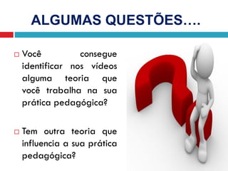  Você consegue
identificar nos vídeos
alguma teoria que
você trabalha na sua
prática pedagógica?
 Tem outra teoria que
influencia a sua prática
pedagógica?
ALGUMAS QUESTÕES….
 