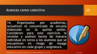 Avances como colectivo
14. Organizados por academias,
actualicen el concentrado de escuela
elaborado en la quinta sesión.
Consideren para este ejercicio la
revisión y análisis hecho de manera
individual en torno a los alumnos que se
encuentran en riesgo de rezago
educativo en cada grupo y asignatura.
24/04/2016SUPERVISIÓN No. 8 DE SECUNDARIAS GENERALES: SEXTA SESIÓN ORDINARIA DE CTE 2015-2016
35
 
