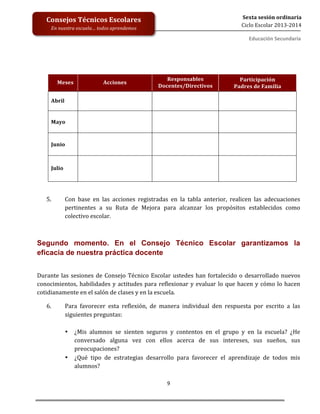  
	
  
	
  
	
  
	
  
9	
  
Sexta	
  sesión	
  ordinaria	
  
Ciclo	
  Escolar	
  2013-­‐2014	
  
Consejos	
  Técnicos	
  Escolares	
  
En	
  nuestra	
  escuela…	
  todos	
  aprendemos	
  
Educación	
  Secundaria	
  
	
  
	
  
Meses	
   Acciones	
  
Responsables	
  
Docentes/Directivos	
  
Participación	
  	
  
Padres	
  de	
  Familia	
  
Abril	
   	
   	
   	
  
Mayo	
   	
   	
   	
  
Junio	
   	
   	
   	
  
Julio	
  
	
  
	
  
	
   	
  
	
  
5. Con	
   base	
   en	
   las	
   acciones	
   registradas	
   en	
   la	
   tabla	
   anterior,	
   realicen	
   las	
   adecuaciones	
  
pertinentes	
   a	
   su	
   Ruta	
   de	
   Mejora	
   para	
   alcanzar	
   los	
   propósitos	
   establecidos	
   como	
  
colectivo	
  escolar.	
  	
  
Segundo momento. En el Consejo Técnico Escolar garantizamos la
eficacia de nuestra práctica docente	
  
	
  
Durante	
  las	
  sesiones	
  de	
  Consejo	
  Técnico	
  Escolar	
  ustedes	
  han	
  fortalecido	
  o	
  desarrollado	
  nuevos	
  
conocimientos,	
  habilidades	
  y	
  actitudes	
  para	
  reflexionar	
  y	
  evaluar	
  lo	
  que	
  hacen	
  y	
  cómo	
  lo	
  hacen	
  
cotidianamente	
  en	
  el	
  salón	
  de	
  clases	
  y	
  en	
  la	
  escuela.	
  
6. Para	
   favorecer	
   esta	
   reflexión,	
   de	
   manera	
   individual	
   den	
   respuesta	
   por	
   escrito	
   a	
   las	
  
siguientes	
  preguntas:	
  
	
  
• ¿Mis	
   alumnos	
   se	
   sienten	
   seguros	
   y	
   contentos	
   en	
   el	
   grupo	
   y	
   en	
   la	
   escuela?	
   ¿He	
  
conversado	
   alguna	
   vez	
   con	
   ellos	
   acerca	
   de	
   sus	
   intereses,	
   sus	
   sueños,	
   sus	
  
preocupaciones?	
  
• ¿Qué	
   tipo	
   de	
   estrategias	
   desarrollo	
   para	
   favorecer	
   el	
   aprendizaje	
   de	
   todos	
   mis	
  
alumnos?	
  	
  
 