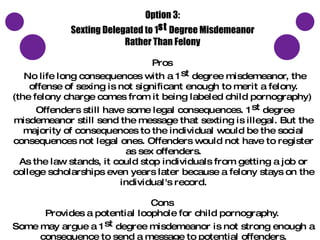 Option 2: Students could learn about the consequences in schools as part of a Sex Education course. Research suggests students informed about consequences are less likely to take part in sexting. 