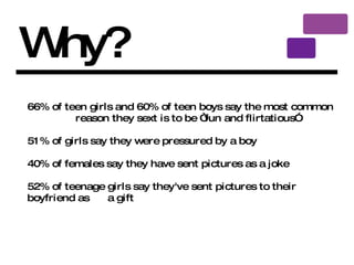 Why? 66% of teen girls and 60% of teen boys say the most common  reason they sext is to be “fun and flirtatious”  