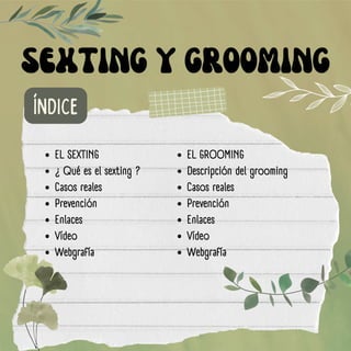 ÍNDICE
SEXTING Y GROOMING
EL SEXTING
¿ Qué es el sexting ?
Casos reales
Prevención
Enlaces
Vídeo
Webgrafía
EL GROOMING
Des...