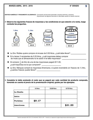 Derechos reservados GOB. EDO. DE CHIHUAHUA. SEECH. MTP. Ponemos a su disposición la página http//primarias.cetechihuahua.gob.mx
 Observa los siguientes frascos de mayonesa y las condiciones en que estarán a la venta, luego
contesta las preguntas.
 La Sra. Robles quiere comprar el envase de 0.50 litros, ¿cuál debe llevar? _______________
 Si tu tienes 3 recipientes de 0.25 litros, ¿cuál mayonesa debes comprar
de modo que al almacenarla no le sobre ni le falte mayonesa? ________________________
 Al comprar
3
10
de litro de una de las mayonesas pagaré $11.00,
¿cuál mayonesa es la que compraré? ___________________
 La Sra. Márquez compró la mayonesa Americana, si quiere revenderla en frascos de ¼ litro,
¿cuántos frascos puede llenar? _______________________
~~~~~~~~~~~~~~~~~~~~~~~~~~~~~~~~~~~~~~~~~~~~~~~~~~~~~~~~~~~~~~~~~~~~~~~~~~~~~~~~~~~~~
 Completa la tabla anotando el costo que se pagará por cada cantidad de producto comprado,
tomando en cuenta el precio de la presentación original; guíate por los ejemplos.
MARZO-ABRIL 2015 - 2016 6° GRADO 9
¼ litro 0.50 litro 0.75 litro
La Rosita
Astro
Purísima $9.17
Americana $31.00
AMERICANA
ASTRO
PURÍSIMA
La
Rosita
½ litro ¾ litro
0.9 litro
1.5 litros
$22.00 $28.00 $33.00
$62.00
SENTIDO NUMÉRICO Y PENSAMIENTO ALGEBRAICO. -Conversión de fracciones decimales a escritura decimal y viceversa.
-Aproximación de algunas fracciones no decimales usando la notación decimal.
 