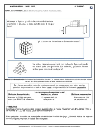 Derechos reservados GOB. EDO. DE CHIHUAHUA. SEECH. MTP. Ponemos a su disposición la página http//primarias.cetechihuahua.gob.mx
Observa la figura, ¿cuál es la cantidad de cubos
que tiene el prisma, si cada cubito mide 1 cm por
lado?
¿A cuántos de los cubos se le ven dos caras?
Un niño, jugando construyó con cubos la figura dejando
un tunel para que pasaran sus carritos, ¿cuántos cubos
utilizó para construir su figura?
FORMA, ESPACIO Y MEDIDA. Cálculo del volumen de prismas mediante el conteo de unidades.
MARZO-ABRIL 2015 - 2016 6° GRADO
12
MANEJO DE LA INFORMACIÓN. Comparación de razones del tipo “por cada n,m”, mediante diversos procedimientos, y en casos sencillos, expresión
del valor de la razón mediante un número de veces, una fracción o un porcentaje.
La relación que existe entre dos canidades cuando las comparamos para saber que tan
grande o pequeña es una u otra se llama razón, aunque también la llamamos proporción.
Las razones pueden expresarse así:
Mediante dos cantidades Mediante un número Mediante un porcentaje
Por cada $4,000.00 que gano El impuesto es 0.20 El impuesto es 20%
me cobran $800.00 de impuestos. de la ganancia. de las ganancias.
 Resuelve
En el supermercado venden dos tipos de quesos; el de la marca “Superior” vale $47.00 los 400 g y
el “Adelita” $17.00 los 100 g, ¿cuál conviene comprar?
Para preparar 10 vasos de naranjada se necesitan 4 vasos de jugo, ¿cuántos vasos de jugo se
necesitan para preparar 25 vasos de naranjada?
 