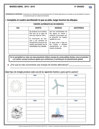 Derechos reservados GOB. EDO. DE CHIHUAHUA. SEECH. MTP. Ponemos a su disposición la página http//primarias.cetechihuahua.gob.mx
 Completa el cuadro escribiendo lo que se pide, luego ilumina los dibujos.
¿Por qué es más conveniente usar energía de fuentes alternativas? ____________________
____________________________________________________________________________
¿Qué tipo de energía produce cada una de las siguientes fuentes y para qué la usamos?
FUENTES ALTERNATIVAS DE ENERGÍA
SOL VIENTO MAREAS GEOTERMIA
Se produce en la atmós-
fera que es la capa de
aire que rodea la Tierra.
El movimiento de rota-
ción y los cambios de
temperatura provocan los
vientos que pueden ser de
intensidades muy variadas.
Son los movimientos de
las aguas en mares y
océanos provocadas por
la atracción de nuestro
satélite la Luna.
El agua sube o baja en
las costas y litorales
manteniendo un movi-
miento constante.
MARZO-ABRIL 2015 - 2016 6° GRADO
19
APRENDIZAJE ESPERADO. Argumenta las implicaciones del aprovechamiento de fuentes alternativas de energía en las actividades humanas y
su importancia para el cuidado del ambiente.
En la actualidad es cada vez más perjudicial utilizar energía de combustibles fósiles como el petróleo
y el carbón, porque producen gases que contaminan y contribuyen al calentamiento global.
Uso
Uso
Uso
Uso
 
