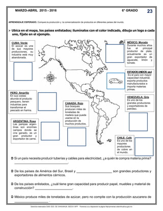 Derechos reservados GOB. EDO. DE CHIHUAHUA. SEECH. MTP. Ponemos a su disposición la página http//primarias.cetechihuahua.gob.mx
 Ubica en el mapa, los países enlistados; ilumínalos con el color indicado, dibuja un logo a cada
uno, fíjate en el ejemplo.
APRENDIZAJE ESPERADO. Compara la producción y la comercialización de productos en diferentes países del mundo.
MARZO-ABRIL 2015 - 2016 6° GRADO 23
CHILE: Café
Es uno de los
mayores
productores
de cobre en
el mundo.
CUBA: Verde
El azúcar es una
de sus mayores
producciones, su
industria está muy
abandonada.
PERÚ: Amarillo
En sus costas
abunda el producto
pesquero, tienen
industrias para
transformar el
pescado en harina.
ARGENTINA: Rosa
Las pampas argen-
tinas son enormes
campos donde se
cría ganado, es un
gran productor y
exportador de carne.
MÉXICO: Morado
Durante muchos años
fue el principal
productor de plata,
actualmente es un
gran exportador de
aguacate, limón y
tomate.
ESTADOSUNIDOS:azul
Es el país con mayor
capacidad industrial,
exporta productos
manufacturados e
importa materias
primas.
VENEZUELA: Gris
Es uno de los
grandes productores
y exportadores de
petróleo.
CANADÁ: Rojo
Sus bosques
producen miles de
toneladas de
madera que puede
usarse en la
producción de
muchos productos.
 Si un país necesita producir tuberías y cables para electricidad, ¿a quién le compra materia prima?
______________________________.
 De los países de América del Sur, Brasil y ____________________ son grandes productores y
exportadores de alimentos cárnicos.
 De los países enlistados, ¿cuál tiene gran capacidad para producir papel, muebles y material de
construcción? _____________________.
 México produce miles de toneladas de azúcar, pero no compite con la producción azucarera de
___________________ .
 