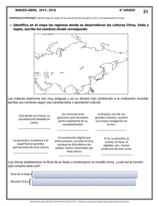 Derechos reservados GOB. EDO. DE CHIHUAHUA. SEECH. MTP. Ponemos a su disposición la página http//primarias.cetechihuahua.gob.mx
 Identifica en el mapa las regiones donde se desarrollaron las culturas China, India y
Japón, escribe los nombres donde corresponde:
Las culturas anteriores son muy antiguas y en su devenir han contribuido a la civilización mundial;
escribe sus nombres según sea característica o aportación cultural:
Los chinos establecieron la Ruta de la Seda y construyeron la muralla china, ¿cuál era la función
que cumplía cada una?
Casi desde sus inicios, su
sociedad está dividida en
castas.
_____________________
Los samurais eran
guerreros que formaban
parte importante de su
sociedad feudal.
______________________
La brújula, uno de sus
grandes inventos, aceleró
una mejor navegación en
el mar.
_____________________
La porcelana, la pólvora y el
papel fueron grandes
aportaciones de esta cultura
________________________
La numeración digital que
ahora usamos, incluido el cero,
aunque los difundieron los
árabes, fueron inventados por
esta cultura
______________________
El té, la pimienta, la
canela, el clavo, el
algodón, etc., fueron
productos de este reino.
____________________
Ruta de la Seda • -
Muralla China • -
MARZO-ABRIL 2015 - 2016 6° GRADO
31
APRENDIZAJE ESPERADO. Identifica algunos razgos de las culturas de Asia del siglo V al XV y sus aportaciones al mundo.
 