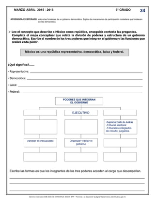 Derechos reservados GOB. EDO. DE CHIHUAHUA. SEECH. MTP. Ponemos a su disposición la página http//primarias.cetechihuahua.gob.mx
 Lee el concepto que describe a México como república, enseguida contesta las preguntas.
Completa el mapa conceptual que relata la división de poderes y estructura de un gobierno
democrático. Escribe el nombre de los tres poderes que integran el gobierno y las funciones que
realiza cada poder.
¿Qué significa?......
- Representativa: __________________________________________________________________________
- Democrática: ____________________________________________________________________________
- Laica: __________________________________________________________________________________
- Federal: ________________________________________________________________________________
MARZO-ABRIL 2015 - 2016 6° GRADO 34
APRENDIZAJE ESPERADO. Valora las fortalezas de un gobierno democrático. Explica los mecanismos de participación ciudadana que fortalecen
la vida democrática.
México es una república representativa, democrática, laica y federal.
Escribe las formas en que los integrantes de los tres poderes acceden al cargo que desempeñan.
________________________________________________________________________________
________________________________________________________________________________
________________________________________________________________________________
PODERES QUE INTEGRAN
EL GOBIERNO
EJECUTIVO
-Suprema Corte de Justicia
-Tribunal electoral
-Tribunales colegiados
de circuito, juzgados.
Organizar y dirigir el
gobierno
Aprobar el presupuesto
 
