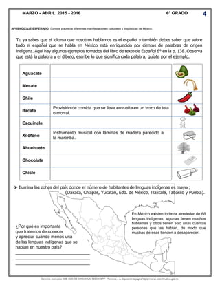 Derechos reservados GOB. EDO. DE CHIHUAHUA. SEECH. MTP. Ponemos a su disposición la página http//primarias.cetechihuahua.gob.mx
Tu ya sabes que el idioma que nosotros hablamos es el español y también debes saber que sobre
todo el español que se habla en México está enriquecido por cientos de palabras de origen
indígena. Aquí hay algunos ejemplos tomados del libro de texto de Español 6° en la p. 138. Observa
que está la palabra y el dibujo, escribe lo que significa cada palabra, guíate por el ejemplo.
APRENDIZAJE ESPERADO: Conoce y aprecia diferentes manifestaciones culturales y lingúisticas de México.
MARZO - ABRIL 2015 - 2016 6° GRADO 4
Aguacate
Mecate
Chile
Itacate
Escuincle
Xilófono
Ahuehuete
Chocolate
Chicle
Provisión de comida que se lleva envuelta en un trozo de tela
o morral.
Instrumento musical con láminas de madera parecido a
la marimba.
¿Por qué es importante
que tratemos de conocer
y apreciar cuando menos una
de las lenguas indígenas que se
hablan en nuestro país?
_______________________________
_______________________________
_______________________________
 Ilumina las zonas del país donde el número de habitantes de lenguas indígenas es mayor;
(Oaxaca, Chiapas, Yucatán, Edo. de México, Tlaxcala, Tabasco y Puebla).
En México existen todavía alrededor de 68
lenguas indígenas, algunas tienen muchos
hablantes y otros tienen solo unas cuantas
personas que las hablan, de modo que
muchas de esas tienden a desaparecer.
 