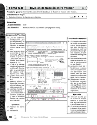 107Tema 5. Multiplicación y división de fracciones 107
5
7
Lanzamiento/Práctica30min. Actividades:
En el pizarrón escriba los dos problemas que están en la página de las secciones A y B. Pida que los
lean y después pregunte: ¿En qué se parecen y en qué se diferencian los dos problemas? Dé oportuni-
dad para que expresen sus ideas. Pida que escriban el planteamiento para cada uno.
Pida que lean la manera cómo se escribe el planteamiento del problema que está en la página. Dé opor-
tunidad a alguien para que pase a explicar al frente. Concluya en que es una división de números enteros
(8 4). Pregunte: ¿Coincide con lo que escribieron? Dé oportunidad para que corrijan si es necesario.
Pregunte: ¿Cuál es el planteamiento del segundo problema? Escuche respuestas y concluya en que es
una división de fracción entre fracción (3/4 4/5).
Pregunte: ¿Cómo realizamos el cálculo de 3/4 4/5? Escuche algunas respuestas y anote en el pizarrón.
Guíe comprensión del desarrollo del cálculo utilizando los dibujos de la página, a través de las preguntas
siguientes:
	 1) ¿Cuántos m2
se puede pintar con 4/5 decilitro? 3/4 m2
(muestre el área en el cuadrado).
	 2) ¿Cómo encuentra cuántos m2
se puede pintar con 1/5 decilitro? 3/4 4 (muestre en el cuadrado
	 el área que se puede pintar con 1/5 y es equivalente a 3/16 m2
).
	 3) ¿Cómo encuentra cuántos m2
se puede pintar con 1 decilitro? Se multiplica el área que se puede
	 pintar con 1/5 decilitro por 5, esto es: (3/4 4) x 5 (muestre en el cuadrado el área que se puede
pintar con 1 decilitro).
Explique el procedimiento de cálculo en forma abstracta que está en la página y relacione con los cua-
drados utilizados en la actividad anterior.
Pida que lean el resumen y observen los dibujos. Pregunte: ¿Cómo se realiza la división de fracción entre
fracción? Escuche respuestas y pida a alguien que explique utilizando los dibujos.
Puntos a los que debe prestar atención:
M1:
	
M2:
M3:
M4:
M5:
M6:
M7:
El propósito de presentar los dos problemas al mismo tiempo es para que las o los alumnos deduzcan
a partir del planteamiento del primer problema, el planteamiento del segundo problema. Por ser la misma
situación se puede deducir. El primer problema por trabajar con números enteros es más fácil la interpre-
tación.
Utilice las rectas numéricas para mostrar por qué el planteamiento es una división.
En el inciso 2) aproveche que las y los alumnos ya saben cómo realizar la división de fracción entre entero
para que interpreten lo que se puede pintar con 1/5 decilitro.
Oriente para que las y los alumnos comprendan que el párrafo escrito significa lo mismo que los dibujos.
Si cree necesario dé una breve explicación.
La división de 3/4 4/5 se puede interpretar de la siguiente manera utilizando los dibujos: 1) El primer dibujo
muestra los 3/4 m2
que se pueden pintar con 4/5 decilitro de pintura. 2) El segundo dibujo muestra lo que
se puede pintar con 1/5 decilitro de pintura, (para encontrarlo se divide 3/4 4 y es equivalente a 3/16 m2
.
3) El tercer dibujo muestra lo que se puede pintar con 1 decilitro, para encontrarlo se hace 5 veces lo que
se puede pintar con 1/5, es decir: 5 x (3/4 4).
Realizando el cálculo:				 El orden en la multiplicación no afecta el resultado.
							 Se realizó la división
						 	
							 Se observa que en la división de fracción entre fracción
						 	se invierte el divisor (4/5 a 5/4) y se multiplica.
M1:
	
M3:
M5:
M7:
Actividades:
Ejercicio15min.
Puntos a los que debe prestar atención:
M1:	
M2:
M1:	
M2:
Pida que lean la instrucción y realicen los ejercicios.
Guíe revisión de respuestas.
Tome en cuenta que en el inciso 2) el resultado es 1. Puede ser que algunas alumnas o alumnos escriban 0.
En la revisión pregunte a algunas alumnas o alumnos cómo encontraron el resultado para reforzar lo aprendido.
I.L. 1
3 4 3
4 5 4
4 x 5=( )
3
4 x 4
x 5=
4 x 4=
3 x 5
16=
15
 