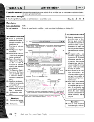 127Tema 6. Valor de razón 127
6
7
Lanzamiento/práctica30min.
	 Pida que lean el problema, que observen las cintas y la recta numérica de la sección A. Indique que
escriban el planteamiento. Cuando hayan terminado, compartan la respuesta con una compañera o
compañero. Después dé oportunidad para que alguien comparta su respuesta ante sus compañeros.
	Verifique el planteamiento con participación de todas y todos, utilizando la expresión: valor de razón x
cantidad base = cantidad que se compara.
	 Pida que realicen el cálculo, después pregunte: ¿Cuál es la respuesta del problema?
	 Escriba el problema en el pizarrón y presente las cintas y la recta numérica de la sección B. Pida que
lean el problema y observen los dibujos. Indique que escriban el planteamiento que resuelve el problema.
Después que compartan con un compañera o compañero el planteamiento.
	 Verifique el planteamiento con participación de todas y todos. Enfatice que el planteamiento es: valor de
razón x cantidad base = cantidad que se compara.
	 Pida que realicen el cálculo. Pregunte: ¿cuál es la respuesta del problema?
	 Pida que lean y resuelvan el problema de la sección C.
	 Verifique solución con participación de todas y todos.
	
	 Oriente para que comprendan que la distancia que recorrió Rodolfo representa la cantidad base. El plantea-
	 miento es: valor de razón x cantidad base = cantidad que se compara.
	 Se espera que las o los alumnos apliquen lo aprendido en el primer problema, ya que representan las
mismas situaciones. La diferencia está en la forma como está expresado el valor de razón.
	 Para el cálculo de fracción por entero, recuerde que es numerador por numerador y denominador por
denominador.
	 Para las o los alumnos será difícil aceptar que la cantidad que se compara de la situación resulta menor
que la cantidad base. En este caso oriente utilizando las dibujos de la página.
	 Es recomendable escribir en el pizarrón la expresión siguiente:
	 valor de razón x cantidad base = cantidad que se compara.
Ejercicio15min.
	 Pida que lean los problemas y respondan a las preguntas.
	 Verifique respuestas.
	
	 Circule para observar cómo trabajan y evaluar.
I.L. 1M1:
M2:
M1:
Actividades:
M1:
M2:
M3:
M4:
M5:
M6:
M7:
M8:
M1:
M4:
M6:
M8:
Puntos a los que debe prestar atención:
Actividades:
Puntos a los que debe prestar atención:
 