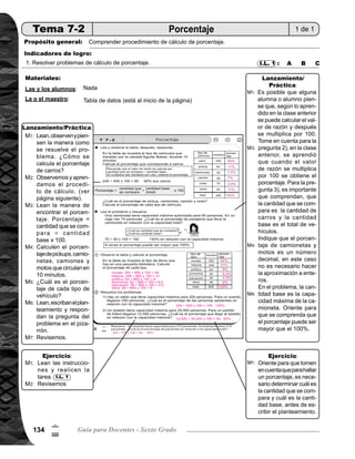 Tema 7. Porcentaje y gráficas 135
6
%
Lanzamiento/Práctica30min.
	 Presente el problema con la tabla de datos en el pizarrón. Pida que lean, observen y piensen la manera
como se resuelve. Pregunte: ¿Cómo se calcula el porcentaje de carros? Pida que discutan en parejas y
después dé oportunidad para que den a conocer su respuesta.
	 Guíe explicación de procedimiento de cálculo. Para esto realice los siguientes pasos:
	 1) Pregunte: ¿Cómo se calcula el valor de razón?
	 2) Pregunte: ¿En el problema, cuál es la cantidad que se compara y la cantidad base?
	 3) Pregunte: Si se multiplica el valor de razón por 100, ¿qué se obtiene?
	 4) Indique que escriban el planteamiento. Verifique que sea: 240 400 x 100.
	 5) Pida que realicen el cálculo. Pregunte: ¿Cuánto es el porcentaje de carros?
	 Pida que lean la manera de encontrar el porcentaje. Concluya: porcentaje = cantidad que se compara
cantidad base x 100 y escriba en el pizarrón.
	 Pida que calculen el porcentaje que representan pickups, camionetas, camiones y motos en 10 minutos.
	 Pregunte: ¿Cuál es el porcentaje de cada tipo de vehículo?
	 Escriba en el pizarrón el siguiente problema donde se menciona una camioneta. Pida que lean, escriban
el planteamiento y respondan la pregunta.
	 Verifique respuesta con participación de todos.
	 El porcentaje se puede calcular aplicando la regla de tres simple, pero no se logra explicar el por qué. Por
otra parte si relaciona el porcentaje con el valor de razón, se logra aprovechar el conocimiento adquirido
de razón para calcular el porcentaje. Posteriormente se presenta la regla de tres simple, relacionándola
con la aplicación de la proporción.
	 Es posible que alguna alumna o alumno piense que, según lo aprendido en la clase anterior, se puede
calcular el valor de razón y después se multiplica por 100. Aproveche para indicar que se verificará en la
siguiente actividad.
	 Tome en cuenta que la pregunta 2), en la clase anterior, se aprendió que cuando el valor de razón se
multiplica por 100 se obtiene el porcentaje. Para la pregunta 3), es importante que las o los alumnos
comprendan que la cantidad que se compara es el la cantidad de carros y la cantidad base es el total de
vehículos.
	 Indique que el porcentaje de camionetas y motos es un número decimal; en este caso no es necesario
hacer la aproximación a enteros, recuerde que en valores de razón y porcentajes se pueden dejar res-
	 puestas con números decimales.
	 En el problema, la cantidad base es la capacidad máxima de la camioneta. Oriente para que se comprenda
que el porcentaje puede ser mayor que el 100%. Por ejemplo: 110%, 125%, etc.
Ejercicio15min.
	 Pida que lean las instrucciones y realicen la tarea.
	 Verifique respuestas.
	 Oriente para que tomen en cuenta que para hallar un porcentaje es necesario determinar, cuál es la can-
tidad que se compara y cuál es la cantidad base, antes de escribir el planteamiento. 	
Circule para orientar, evaluar y brindar atención individual a las o los alumnos que tienen dificultades.
M1:
M2:
M1:
M1:
M2:
M3:
M4:
M5:
M6:
M7:
M1:
M2:
M5:
M6:
Actividades:
Puntos a los que debe prestar atención:
Actividades:
Puntos a los que debe prestar atención:
I.L. 1
 
