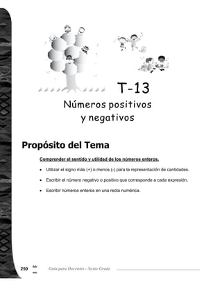 Tema 13. Números positivos y negativos 251
02
!
1)	 El promedio.
Explicación del tema
Puntos a lo que debe prestar atención
En grados anteriores, se ha utilizado el concepto de números enteros para designar
a los números: cero, uno, dos, tres, hasta el infinito (0, 1, 2,...9, 10, 11,...). En este
grado se amplía el concepto de números enteros.
Los números enteros, lo conforman los números que son menores que “0”, llamados
números negativos, los números que son mayores que “0” llamados positivos y el
número “0” (cero).
Los números enteros negativos, se identifican con un signo menos (-) delante de cada
uno, por ejemplo: - 3 y se lee: menos tres. Los números enteros positivos, también
se conocen como números naturales; se identifican con un signo más (+) delante de
cada uno, por ejemplo: + 3 se lee más tres. El 0 no es negativo ni positivo.
	 El concepto de números enteros que tienen las y los alumnos hasta el mo-
mento, es muy importante tomarlo en cuenta para inducir el aprendizaje de
los números negativos. A partir de situaciones cotidianas cuyos valores son
menores que cero, las y los alumnos comprenden que no se pueden utilizar
los enteros positivos, por lo que se requiere el uso de los números negativos.
	 Entre las situaciones cotidianas que se pueden representar con los números en-
teros se puede mencionar: la temperatura, altura sobre el nivel del mar, ingresos
y egresos.
	 En los números enteros negativos, es imprescindible escribir el signo “-” delante
del número, mientras, que con los enteros positivos se puede omitir.
	 Descubrir que dos números opuestos están a la misma distancia desde el cero en
la recta numérica, es importante para la comprensión de los números enteros.
 