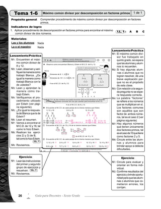 Tema 1. Múltiplo y divisores 27
Lanzamiento/Práctica20min.
M1:
M2:
M3:
M4:
M5:
M6:
M7:
M8:
M9:
M1:
M2:
M3:
M4:
M7:
M8:
Ejercicio25min.
Actividades:
Puntos a los que debe prestar atención:
Escriba en el pizarrón la pareja de números 8 y 12. Instruya para que encuentren el máximo común divisor.
Pida que abran su texto. Indique lean, observen y verifiquen la manera como trabajó Blanca. Pregunte: ¿Es
igual la manera como trabajó Blanca con la de ustedes? Escuche respuesta.
Pida que observen, lean y aprendan la manera como trabajó Edwin. Pregunte: ¿Edwin y Blanca utilizaron
el mismo procedimiento para encontrar el M.C.D.? y ¿cómo encontró el M.C.D.Edwin? Escuche respuestas.
Guíe explicación del procedimiento utilizado por Edwin a través de las siguientes preguntas:
	 1) ¿Cómo descomponemos 8 en sus factores primos? Pida que lo descompondan. ¿Cuáles son los
factores primos de 8?
	 2) ¿Cómo expresamos 8 como un producto de factores primos? (8 = 2 x 2 x 2).
	 3) Haga las mismas preguntas anteriores para el caso del número 12.
	 4) ¿Cuáles son los factores comunes de 8 y 12? y ¿Cuánto es el producto de los factores comunes?
	 5) ¿Cuánto era el M.C.D. de 8 y 12 que encontró Blanca?
Pregunte: ¿Es igual la respuesta de Blanca que la de Edwin?
Pida que lean el resumen.
En el pizarrón ejemplifique la manera de encontrar el M.C.D. de 12 y 18, tal como se hizo en M4 (de la misma
manera como trabajó Edwin).
Pida que trabajen los ejercicios 2) y 3), tal como se hizo con el anterior.
Guíe verificación de respuestas con participación de las alumnas y alumnos (si cree conveniente puede
pedir a dos alumnas o alumnos que pasen al pizarrón a resolver).
Tome en consideración que el máximo común divisor fue trabajado en quinto grado, se espera que las
alumnas y alumnos lo recuerden. Si observa que algunos utilizan la enumeración de divisores indique que
se aprenderá otra manera en las siguientes actividades.
Si hay algunos alumnos que no logran resolver, dé una breve explicación porque no es el propósito de
esta clase.
Con relación a la segunda pregunta no se espera respuesta correcta, sino que es para que las alumnas
y alumnos expresen sus ideas.
La palabra factores puede ser nuevo para los alumnos, indique que se refiere a los números que se multiplican
en sí. Oriente a las alumnas y alumnos para que comprendan que los factores comunes, son aquéllos que
son factor de ambos números, tal es el caso de los factores comunes de 8 y12.
	 8 = 2 x 2 x 2
	 12 = 2 x 2 x 3 Factores no comunes
	 Factores comunes
Explique que hay algunos números que tienen únicamente dos factores primos, tal es el caso de 10 que
tiene como factores a 2 y 5.
Se espera que las alumnas y alumnos no presenten dificultades al resolver los ejercicios. Circule entre las
alumnas y alumnos para brindar apoyo si detecta dificultades.
I.L. 1
Pida que lean las instrucciones del primer y segundo grupo de ejercicios.
Guíe revisión del trabajo.
Oriente para que completen los datos en los cuadros del primer grupo de ejercicio y obser-
ven que los cuadros para los factores comunes están alineados verticalmente. El inciso 7)
del ejercicio 2, puede presentar dificultad, oriente para que se den cuenta que 7 es divisor de 14 y divisor
de sí mismo, por lo que es el M.C.D.
Circule para evaluar y orientar en forma individual.
Confirme resultados del ejercicio y brinde oportunidad para las alumnas o alumnos que cometieron errores
para que corrijan.
M1:
M2:
M1:
M2:
M2:
I.L. 1
1
7
Puntos a los que debe prestar atención:
Actividades:
 