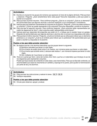 Guía para Docentes - Sexto Grado278
Propósito general:
Indicadores de logro:
Materiales:
I.L. 1 : A B C
Tema 15-2 Clases de conjuntos 1 de 1
Ejercicio:
	 Circule para orientar,
	 evaluar y apoyar.
Las y los alumnos:
La o el maestro:
Comprender las clases de conjuntos.
1. Diferenciar conjuntos atendiendo al número de elementos que tienen.
Ejercicio:
	 Lean las instruccio-
	 nes y realicen la ta-
	 rea.
	 Revisemos
Nada
Conjuntos del inicio dibujados
	 Observen y analicen
las características
de los conjuntos es-
critos en el pizarrón.
¿Alguien puede ex-
plicar?
	 ¿Cuántos elementos
tiene cada conjunto?
¿Qué nombre recibe
cada conjunto, aten-
diendo al número
de elementos que
tiene?
	 Leamos el resumen.
	 ¿Qué es un con-
junto finito? ¿Qué es
un conjunto infinito?
¿Qué es un conjunto
unitario? ¿Qué es un
conjunto vacío?
M1:
M2:
M3:
M4:
Lanzamiento/Práctica:
M1:
M2:
Lanzamiento/Práctica:
	 Induzca para que las
o los alumnos, des-
cubran las siguientes
características de los
conjuntos, para definir
la cantidad de elemen-
tos que tiene cada uno
(ver página siguiente).
	 Tome en cuenta que
los conceptos de con-
junto finito e infinito,
pueden ocasionar al-
gunas dificultades de
comprensión en las o
los alumnos. Un error
común de los alumnos,
es indicar que el con-
junto de personas en
la tierra es un conjunto
infinito o el conjunto
de hojas de un árbol.
Estos dos conjuntos
son finitos, aunque el
conteo de los elemen-
tos de cada uno resulte
difícil.
M1:
M2:
M1:
I.L. 1
#
(
 