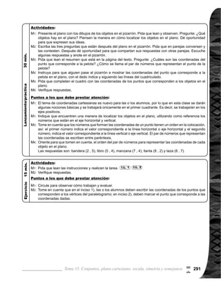 Guía para Docentes - Sexto Grado292
Propósito general:
Indicadores de logro:
Materiales:
1 de 1Tema 15-9 La escala
M1:	 Lean la instrucción y con-
	 testen las preguntas.
M2:	 Revisemos.
Las y los alumnos:
La o el maestro:
	 Explique que la escala
puede ser: 1 : 25,000, 1 :
50,000. La interpretación
es siempre la misma, por
ejemplo: la escala 1:25,000
significa 1 cm en el mapa,
representa 25,000 cm en
la realidad (1 cm es a 250
m), 1:10,000 un cm en el
mapa, es a 10,000 cm en la
realidad (1 cm es a 100 m).
	 Puede ser que las o los
alumnos respondan la
pregunta sin necesidad de
realizar un cálculo escrito.
Indique que escriban el
planteamiento utilizando
conocimientos de pro-
porción, vistos en temas
anteriores.
	 En este caso, pueden ver
la medida mostrada en
el mapa o que midan las
distancia en el mapa, entre
la iglesia y el campo de
fútbol.
	 Según lo visto en tema
anterior, para encontrar el
valor de x en la proporción,
se multiplican los números
que están en medio y se
divide entre el número que
está en el extremo, asi: x =
(10,000 x 4) 1.
	 El resultado del cálculo
es 40,000 cm, ésta no es
adecuada para expresar
la distancia, es necesario
conversión en metros.
Comprender lo que es una escala.
1. Utilizar procedimiento de cálculo de escala para elaborar un mapa.
Nada
I.L. 1 : A B C
I.L. 1
M3:
M4:
M5:
M6:
	 Lean y observen el mapa
que está al inicio de la pá-
gina. ¿Qué es una escala
1:10,000?
	 Lean la definición de
escala que está en el
cuadro. ¿Alguien puede
explicar qué es una escala
1:10,000?
	 ¿Cuánto representa en el
dibujo y en la realidad, una
escala 1:10,000? ¿Cuánto
representa en el dibujo y
en la realidad, una escala
1:1,000 y 1:100?
	 ¿Cuánto mide la distancia
en el mapa, entre la igle-
sia y el campo de fútbol?
¿Cuál es la distancia en la
realidad? ¿Cuál es el plan-
teamiento de cálculo?
	 ¿Cómo se encuentra el
valor de x en la propor-
ción?
	 Realicen el cálculo. ¿Cuál
es la respuesta del pro-
	 blema?
	 Calculen la distancia en el
mapa a escala 1:10,000, si
la distancia en la realidad
entre el campo de fútbol y
el cementerio son 900 m.
	 Revisemos.
	 Resuelvan el problema
3).	
	 Revisemos.
M1:
M2:
M3:
M4:
M5:
M6:
M7:
M8:
M9:
M10:
Nada
Lanzamiento/Práctica:
Ejercicio:
Lanzamiento/Práctica:
	 Circule para observar
cómo trabajan y evaluar.
M1:
Ejercicio:
$
20
 