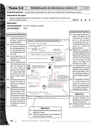 Tema 3. Multiplicación y división de decimales 45
Ejercicio15min.Lanzamiento/Práctica30min. Actividades:
Puntos a los que debe prestar atención:
Actividades:
Puntos a los que debe prestar atención:
M1:
M2:
M3:
M4:
M5:
M6:
M1:
M2:
M3:
M5:
Presente en el pizarrón el problema con la gráfica de la recta numérica y cinta, tal como aparecen al inicio
de la página del texto. Indique para que lean el problema y observen la gráfica. Pregunte: ¿Cuál es el
planteamiento?
Verifique el planteamiento. Para esto pida a las alumnas o alumnos que lean lo que está en el cuadro.
Concluya en que el planteamiento es: 2.5 x 90.
Pregunte: ¿Qué significa 2.5 veces 90? Guíe explicación utilizando la gráfica de la recta numérica, la cinta
y lo que está escrito en el cuadro.
Pida que lean y observen las dos maneras de realizar el cálculo de 2.5 x 90. Pregunte: ¿Qué entienden
de la forma A? ¿Qué entienden de la forma B? Dé oportunidad para que algunos pasen al frente a explicar
sus ideas.
Guíe explicación de las dos formas para confirmar lo presentado por las alumnas o alumnos en la actividad
anterior. Para esto tome en cuenta lo siguiente y apoyándose de la gráfica.
Forma A
1) Encontrar el precio de 0.1 metro, que es 90 10.
2) Indicar que en 2.5 m hay 25 veces 0.1 m, el precio de 2.5 m es 25 x (90 10).
Forma B
1) Encontrar el precio de 25 m que es 10 veces 2.5m x 90 (10 x 2.5 x 90).
2) Dividir el producto (resultado de la multiplicación) entre 10 (10 x 2.5 x 90) 10
Pregunte: ¿Qué tienen en común ambas formas de realizar el cálculo? Escuche respuestas. Concluya en
que en ambas formas se utililza el cálculo con números enteros, porque al factor decimal lo convierte en
un número entero.
Indique que para responder las preguntas deben observar y analizar la gráfica. En esta actividad es donde
las alumnas y alumnos deben presentar sus ideas sobre el problema y anotarlas en el pizarrón para verificarlas
en las actividades posteriores. Si no surge la idea, sutituya la longitud de la cinta que se compra por 2 m.
En tal caso, el planteamiento es 2 x 90. De alli si se compra 2.5 m, ¿cuál es el planteamiento?
Es importante que relacione el planteamiento del problema con las ideas de los niños dadas anteriormente,
para que ellos se sientan involucrados en el proceso de la clase y sus ideas son tomadas en cuenta.
Tome en cuenta que la interpretación del planteamiento es la que presenta mayor dificultad en esta clase,
por ejemplo: 2 veces 90 es fácil interpretarlo, pero 2.5 veces 90 ya presenta dificultad. Ayúdese la interpre-
tación con la expresión de primer cuadro: longitud comprada x precio por metro=precio total de la longitud
comprada.
Al realizar el cálculo, si fuera 2 x 90, podría hacerlo con la suma sucesiva como 90 + 90, pero en el caso
de 2.5 x 90 ya no se puede aplicar la suma. Allí está la dificultad de este cálculo.
Es importante verificar la comprensión por parte de alumnas y alumnos, de cada paso en las dos formas
presentadas en el texto.
M1:
M2:
M1:
M2:
Pida que lean las instrucciones para que realicen la tarea.
Verifique respuestas con participación de las alumnas y alumnos.
Si cree necesario puede guíar solución con participación de todos del primer ejercicio.
Verifique la solución de las dos formas presentadas.
1)	 2.2 x 40		 2) 5.3 x 20		 3) 8.4 x 30		 4) 4.6 x 60		 5) 7.2 x 80
6) 	 6.4 x 50		 7) 6.3 x 30		 8) 9.7 x 20		 9) 7.8 x 40		 10) 9.2 x 70
Ejercicios adicionales
I.L. 1
2
5
Ver respuestas en la
página 47
 
