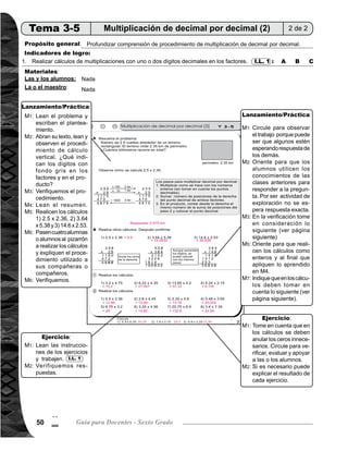 Tema 3. Multiplicación y división de decimales 51
Actividades:
Ejercicio15min.Lanzamiento/Práctica30min.
Actividades:
Puntos a los que debe prestar atención:
I.L. 1M1:	 Pida que lean las instrucciones de los ejercicios y que realicen.
M2:	 Verifique respuesta con participación de todas las alumnas o alumnos.
Puntos a los que debe prestar atención:
M1: Tome en cuenta que en los cálculos se deben anular los ceros innecesarios. Circule para verificar, evaluar
y apoyar a las o los alumnos.
M2:	 Si es necesario, puede explicar el resultado de cada ejercicio.
Escriba el problema en el pizarrón. Pida que lean el problema y escriban el planteamiento. Pregunte: ¿Cuál
es el planteamiento? Con participación de todos acuerden que el planteamiento es: 2.5 x 2.35.
Pida que abran su texto, que lean y observen el procedimiento de cálculo vertical. Pregunte: ¿Que indican
los dígitos con fondo gris en los factores y en el producto? Puede alguien pasar al frente a explicar.
Verifique procedimiento de cálculo con participación de todos.
Pida que lean los pasos para multiplicar decimal por decimal.
En el pizarrón escriba: 1) 2.5 x 2.36, 2) 3.64 x 5.38 y 3) 14.6 x 2.53 de la sección B. Pida que realicen los
cálculos según lo aprendido anteriormente, en 8 minutos.
Pase a cuatro alumnas o alumnos al pizarrón a realizar los cálculos y que expliquen lo realizado ante todos
sus compañeros.
Verifique los resultados y aclare dudas.
Brinde tiempo para que las alumnas y alumnos analicen el problema y traten de resolverlo. Circule para
observar que lo hagan, porque puede ser que algunos estén esperando respuesta de los demás.
Oriente para que los alumnos utilicen los conocimientos de las clases anteriores para responder a la pregunta.
Por ser actividad de exploración no se espera respuesta exacta.
En la verificación tome en consideración lo siguiente:
	 1) Los factores decimales se transforman a enteros de la manera siguiente: el que tiene hasta centésimo
	 se multiplica por 100 y el que tiene hasta décimo se multiplica por 10. En total hay 3 cifras decima-
les, señalados con fondo gris.
	 2) Se multiplican como se hace con los enteros.
	 3) El producto se divide entre 1,000 (porque uno de los factores se multi-
plicó por 100 y el otro por 10). Indicado por las cifras con fondo gris en el producto.
Oriente para que los alumnos realicen los cálculos y apliquen lo aprendido en M4. Tome en cuenta
que se cancelan los ceros a la derecha del punto decimal después del dígito diferente de cero.
Tome en cuenta los siguientes puntos en los ejercicios:
	 1)Elpuntodecimalenelproducto estáatresposicionescontadosdesdeladerechaysedebenanularlosceros
	 que están hacia la derecha.
	 2) El punto decimal en el producto está a cuatro posiciones desde la derecha. Las posiciones decimales
	 pueden aumentar, pero se utiliza el mismo procedimiento.
	 3) El punto decimal en el producto está a tres posiciones desde la derecha.
M1:
M2:
M3:
M4:
M5:
M6:
M7:
M1:
M2:
M3:
M5:
M7:
2
!
 