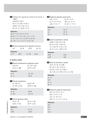 UNIDAD 3. LOS NÚMEROS ENTEROS 115
©GrupoEditorialBruño,S.L.
Ordena los siguientes números de menor a
mayor:
a) 4, 0, 3, 1, 7, 2, 9
b) – 2, – 7, –5, 0, –4, –8, –1
c) 8, 0, –7, 4, –3, 6, –6, –2
d) 1, 3, –5, –13, 10, –11, 9
Escribe el opuesto de los siguientes números:
a) 7 b) –8 c) 24 d) –16
3. Suma y resta
Efectúa mentalmente las siguientes sumas:
a) 9 + 8 b) –12 + (–6)
c) 15 + (–20) d) 19 + (–9)
Calcula mentalmente:
a) – 18 + 12 b) 23 + 30
c) –35 + (–15) d) 22 + (–36)
Haz las siguientes restas:
a) 17 – 15 b) –9 – (–5)
c) 25 – (– 15) d) 17 – (–5)
Realiza las siguientes operaciones:
a) 5 – 3 + 2 b) –4 – 3 + 5
c) –7 + 3 – 4 + 9 d) 9 – 6 – 3 – 5
e) 8 – 5 + 3 – 7 f) –8 + 1 – 7 + 2
Quita los paréntesis y calcula:
a) 20 + (–15) + 8 – (–9)
b) 12 + (–7) – (–10) + 6
c) – (–6) + 8 – (–3) – (–7)
d) –2 – (–1) – (–8) + (–7)
Quita los paréntesis y calcula:
a) 15 – 9 – 8 – [– (–9)]
b) –10 – (–7) – (–4) + 3
c) (–6) – (–5) – [– (–3)] + 1
d) – (–2) – [– (–7)] – (–5) – [– (–3)]
Efectúa las siguientes operaciones:
a) 3 + 4 – 5 + 6 – 2 – 1
b) 5 – 3 + 4 – 1 + 2
c) 3 – 5 – 4 + 7 + 1
d) 5 + 3 – 7 – 2 + 1 + 4 – 6
Solución:
a) 5
b) 7
c) 2
d) –2
39
Solución:
a) –11
b) 4
c) –3
d) –3
38
Solución:
a) 22 b) 21
c) 24 d) 0
37
Solución:
a) 4 b) –2
c) 1 d) –5
e) –1 f) –12
36
Solución:
a) 2 b) –4
c) 40 d) 22
35
Solución:
a) – 6 b) 53
c) – 50 d) –14
34
Solución:
a) 17 b) –18
c) –5 d) 10
33
Solución:
a) – 7 b) 8 c) –24 d) 16
32
Solución:
a) 0 < 1 < 2 < 3 < 4 < 7 < 9
b) – 8 < – 7 < –5 < –4 < –2 < –1 < 0
c) –7 < – 6 < –3 < –2 < 0 < 4 < 6 < 8
d) –13 < –11 < –5 < 1 < 3 < 9 < 10
31
 