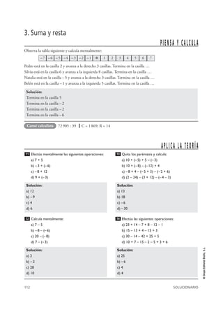 112 SOLUCIONARIO
©GrupoEditorialBruño,S.L.
3. Suma y resta
Observa la tabla siguiente y calcula mentalmente:
Pedro está en la casilla 2 y avanza a la derecha 3 casillas. Termina en la casilla …
Silvia está en la casilla 6 y avanza a la izquierda 8 casillas. Termina en la casilla …
Natalia está en la casilla –5 y avanza a la derecha 3 casillas. Termina en la casilla …
Belén está en la casilla –1 y avanza a la izquierda 5 casillas. Termina en la casilla …
Solución:
Termina en la casilla 5
Termina en la casilla –2
Termina en la casilla –2
Termina en la casilla –6
PIENSA Y CALCULA
– 7 –6 –5 –4 –3 –2 –1 0 1 2 3 4 5 6 7
Efectúa mentalmente las siguientes operaciones:
a) 7 + 5
b) – 3 + (–6)
c) –8 + 12
d) 9 + (–3)
Calcula mentalmente:
a) 7 – 5
b) – 8 – (– 6)
c) 20 – (– 8)
d) 7 – (– 3)
Quita los paréntesis y calcula:
a) 10 + (–5) + 5 – (–3)
b) 10 + (–8) – (–12) + 4
c) –8 + 4 – (–5 + 3) – (–2 + 6)
d) (2 – 24) – (3 + 12) – (–4 – 3)
Efectúa las siguientes operaciones:
a) 23 + 14 – 7 + 8 – 12 – 1
b) 15 – 13 + 4 – 15 + 3
c) 30 – 14 – 42 + 25 + 5
d) 10 + 7 – 15 – 2 – 5 + 3 + 6
Solución:
a) 25
b) –6
c) 4
d) 4
14
Solución:
a) 13
b) 18
c) –6
d) –30
13
Solución:
a) 2
b) – 2
c) 28
d) 10
12
Solución:
a) 12
b) – 9
c) 4
d) 6
11
APLICA LA TEORÍA
72905 : 39 | C = 1869; R = 14Carné calculista
 