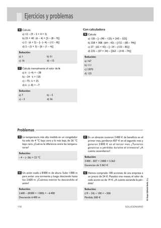 Problemas
118 SOLUCIONARIO
©GrupoEditorialBruño,S.L.
Ejercicios y problemas
Calcula:
a) 12 – (9 – 5 + 4 + 3)
b) 25 + 40 : (6 – 4) + [5 – (8 – 9)]
c) 2 · (6 + 2) – [– (–4) – (12 – 8)]
d) 2 – (5 + 3) – [6 – (1 – 4)]
Calcula mentalmente el valor de k:
a) k · (– 4) = –28
b) – 24 · k = 120
c) – 75 : k = 25
d) k : (– 8) = –7
Con calculadora
Calcula:
a) 120 – [– (90 – 125) + 243 – 325]
b) 258 + 308 : (64 – 42) – [152 – (85 – 94)]
c) 27 · (62 + 42) – [–24 – (123 – 85)]
d) 235 – (57 + 34) – [263 – (318 – 74)]
Solución:
a) 167
b) 111
c) 2870
d) 125
58
Solución:
a) 7 b) –5
c) –3 d) 56
57
Solución:
a) 1 b) 51
c) 16 d) –15
56
La temperatura más alta medida en un congelador
ha sido de 4 °C bajo cero y la más baja, de 26 °C
bajo cero. ¿Cuál es la diferencia entre las tempera-
turas?
Un avión vuela a 8 000 m de altura. Sube 1 000 m
para evitar una tormenta y luego desciende hasta
los 2 600 m. ¿Cuántos metros ha descendido el
avión?
En un almacén tuvieron 3400 € de beneficio en el
primer mes, perdieron 837 € en el segundo mes y
ganaron 2 800 € en el tercer mes. ¿Tuvieron
ganancias o pérdidas durante el trimestre? ¿A
cuánto ascendieron?
Hemos comprado 100 acciones de una empresa a
un precio de 24 €. Pasados tres meses, el valor de
cada acción es de 19 €. ¿A cuánto asciende la pér-
dida?
Solución:
(19 – 24) × 100 = –500
Pérdida: 500 €
62
Solución:
3400 – 837 + 2800 = 5363
Ganancias de 5363 €
61
Solución:
2600 – (8 000 + 1000) = –6400
Desciende: 6400 m
60
Solución:
–4 – (– 26) = 22 ºC
59
 