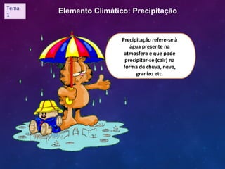 Elemento Climático: Precipitação
Precipitação refere-se à
água presente na
atmosfera e que pode
precipitar-se (cair) na
forma de chuva, neve,
granizo etc.
Tema
1
 