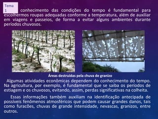 O conhecimento das condições do tempo é fundamental para
escolhermos roupas adequadas conforme a temperatura, além de auxiliar
em viagens e passeios, de forma a evitar alguns ambientes durante
períodos chuvosos.
Algumas atividades econômicas dependem do conhecimento do tempo.
Na agricultura, por exemplo, é fundamental que se saiba os períodos de
estiagem e os chuvosos, evitando, assim, perdas significativas na colheita.
Essas informações também auxiliam na identificação antecipada de
possíveis fenômenos atmosféricos que podem causar grandes danos, tais
como furacões, chuvas de grande intensidade, nevascas, granizos, entre
outros.
Áreas destruídas pela chuva de granizo
Tema
1
 