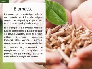 Biomassa
É todo recurso renovável procedente
de matéria orgânica de origem
animal ou vegetal que pode ser
usado para a produção de energia.
São exemplos de biomassa: madeira
(usada como lenha e para produção
de carvão vegetal), cana-de-açúcar,
milho, beterraba açucareira
(branca), óleos vegetais, gordura
animal, casca do arroz, o próprio lixo
No caso do lixo, a obtenção de
energia se dá por sua queima ou
pelo uso do gás metano, resultante
de sua decomposição em aterros.
Tema 1
 