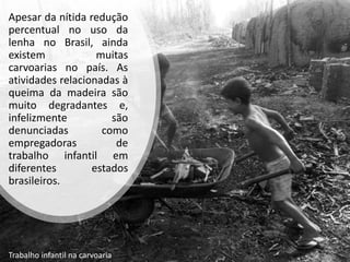 Apesar da nítida redução
percentual no uso da
lenha no Brasil, ainda
existem muitas
carvoarias no país. As
atividades relacionadas à
queima da madeira são
muito degradantes e,
infelizmente são
denunciadas como
empregadoras de
trabalho infantil em
diferentes estados
brasileiros.
Trabalho infantil na carvoaria
 