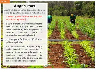 A agricultura
As atividades agrícolas dependem de uma
série de questões de ordem natural como
• o relevo (pode facilitar ou dificultar
as práticas agrícolas)
• o solo (devem ser preferencialmente
ricos em húmus que lhes confere
maior fertilidade, além de possuir os
minerais essenciais para o
desenvolvimento das plantas)
• o clima (pode facilitar ou dificultar as
práticas agrícolas)
• e a disponibilidade de água (a água
pode inviabilizar a produção. O
excesso de água no solo pode ser
resolvido com sistemas de
drenagem, já a falta de chuvas pode
ser solucionada com a irrigação)
Tema 2
 