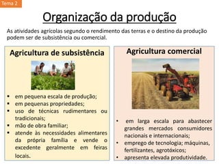 Agricultura comercial
• em larga escala para abastecer
grandes mercados consumidores
nacionais e internacionais;
• emprego de tecnologia; máquinas,
fertilizantes, agrotóxicos;
• apresenta elevada produtividade.
Agricultura de subsistência
 em pequena escala de produção;
 em pequenas propriedades;
 uso de técnicas rudimentares ou
tradicionais;
 mão de obra familiar;
 atende às necessidades alimentares
da própria família e vende o
excedente geralmente em feiras
locais.
Organização da produção
As atividades agrícolas segundo o rendimento das terras e o destino da produção
podem ser de subsistência ou comercial.
Tema 2
 