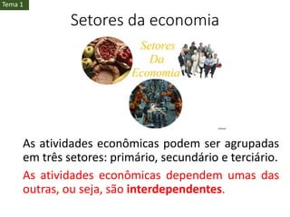 Setores da economia
As atividades econômicas podem ser agrupadas
em três setores: primário, secundário e terciário.
As atividades econômicas dependem umas das
outras, ou seja, são interdependentes.
Tema 1
 