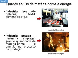 Quanto ao uso de matéria-prima e energia
• indústria leve (de
bebidas, têxtil,
alimentícia etc.);
• indústria pesada -
necessita empregar
grande quantidade de
matéria-prima e
energia no processo
de produção.
Indústria Siderúrgica
Indústria Alimentícia
Tema 3
 
