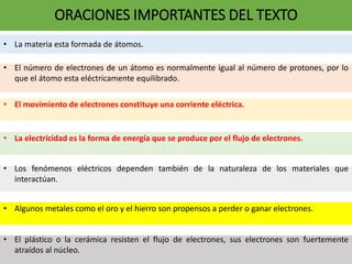 ORACIONES IMPORTANTES DEL TEXTO
• La materia esta formada de átomos.
• El número de electrones de un átomo es normalmente igual al número de protones, por lo
que el átomo esta eléctricamente equilibrado.
• El movimiento de electrones constituye una corriente eléctrica.
• La electricidad es la forma de energía que se produce por el flujo de electrones.
• Los fenómenos eléctricos dependen también de la naturaleza de los materiales que
interactúan.
• Algunos metales como el oro y el hierro son propensos a perder o ganar electrones.
• El plástico o la cerámica resisten el flujo de electrones, sus electrones son fuertemente
atraídos al núcleo.
 