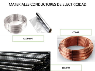 MATERIALES CONDUCTORES DE ELECTRICIDAD
ALUMNIO
COBRE
HIERRO
 