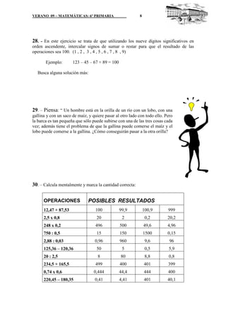 VERANO 09 – MATEMÁTICAS: 6º PRIMARIA                       8




28. - En este ejercicio se trata de que utilizando los nueve dígitos significativos en
orden ascendente, intercalar signos de sumar o restar para que el resultado de las
operaciones sea 100. (1 , 2 , 3 , 4 , 5 , 6 , 7 , 8 , 9)

       Ejemplo:       123 – 45 – 67 + 89 = 100

  Busca alguna solución más:




29. – Piensa: “ Un hombre está en la orilla de un río con un lobo, con una
gallina y con un saco de maíz, y quiere pasar al otro lado con todo ello. Pero
la barca es tan pequeña que sólo puede subirse con una de las tres cosas cada
vez; además tiene el problema de que la gallina puede comerse el maíz y el
lobo puede comerse a la gallina. ¿Cómo conseguirán pasar a la otra orilla?




30. – Calcula mentalmente y marca la cantidad correcta:

      OPERACIONES              POSIBLES RESULTADOS
      12,47 + 87,53                100           99,9          100,9       999
      2,5 x 0,8                    20             2             0,2        20,2
      248 x 0,2                    496           500           49,6        4,96
      750 : 0,5                    15            150           1500        0,15
      2,88 : 0,03                 0,96           960            9,6         96
      125,36 – 120,36              50             5             0,5        5,9
      20 : 2,5                      8            80             8,8        0,8
      234,5 + 165,5                499           400           401         399
      0,74 x 0,6                  0,444          44,4          444         400
      220,45 – 180,35             0,41           4,41          401         40,1
 
