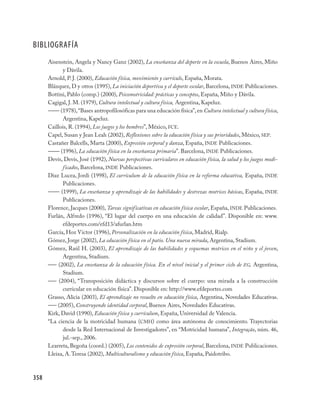 BIBLIOGRAFÍA
      Aisenstein, Angela y Nancy Ganz (2002), La enseñanza del deporte en la escuela, Buenos Aires, Miño
            y Dávila.
      Arnold, P. J. (2000), Educación física, movimiento y currículo, España, Morata.
      Blázquez, D y otros (1995), La iniciación deportiva y el deporte escolar, Barcelona, INDE Publicaciones.
      Bottini, Pablo (comp.) (2000), Psicomotricidad: prácticas y conceptos, España, Miño y Dávila.
      Cagigal, J. M. (1979), Cultura intelectual y cultura física, Argentina, Kapeluz.
      –––– (1978), “Bases antropofilosóficas para una educación física”, en Cultura intelectual y cultura física,
            Argentina, Kapeluz.
      Caillois, R. (1994), Los juegos y los hombres”, México, FCE.
      Capel, Susan y Jean Leah (2002), Reflexiones sobre la educación física y sus prioridades, México, SEP.
      Castañer Balcells, Marta (2000), Expresión corporal y danza, España, INDE Publicaciones.
      –––– (1996), La educación física en la enseñanza primaria”. Barcelona, INDE Publicaciones.
      Devís, Devís, José (1992), Nuevas perspectivas curriculares en educación física, la salud y los juegos modi-
            ficados, Barcelona, INDE Publicaciones.
      Díaz Lucea, Jordi (1998), El currículum de la educación física en la reforma educativa, España, INDE
            Publicaciones.
      –––– (1999), La enseñanza y aprendizaje de las habilidades y destrezas motrices básicas, España, INDE
            Publicaciones.
      Florence, Jacques (2000), Tareas significativas en educación física escolar, España, INDE Publicaciones.
      Furlán, Alfredo (1996), “El lugar del cuerpo en una educación de calidad”. Disponible en: www.
            efdeportes.com/efd13/afurlan.htm
      García, Hoz Víctor (1996), Personalización en la educación física, Madrid, Rialp.
      Gómez, Jorge (2002), La educación física en el patio. Una nueva mirada, Argentina, Stadium.
      Gómez, Raúl H. (2003), El aprendizaje de las habilidades y esquemas motrices en el niño y el joven,
            Argentina, Stadium.
      — (2002), La enseñanza de la educación física. En el nivel inicial y el primer ciclo de EG, Argentina,
            Stadium.
      — (2004), “Transposición didáctica y discursos sobre el cuerpo: una mirada a la construcción
            curricular en educación física”. Disponible en: http://www.efdeportes.com
      Grasso, Alicia (2003), El aprendizaje no resuelto en educación física, Argentina, Novedades Educativas.
      — (2005), Construyendo identidad corporal, Buenos Aires, Novedades Educativas.
      Kirk, David (1990), Educación física y currículum, España, Universidad de Valencia.
      “La ciencia de la motricidad humana (CMH) como área autónoma de conocimiento. Trayectorias
            desde la Red Internacional de Investigadores”, en “Motricidad humana”, Integração, núm. 46,
            jul.-sep., 2006.
      Learreta, Begoña (coord.) (2005), Los contenidos de expresión corporal, Barcelona, INDE Publicaciones.
      Lleixa, A. Teresa (2002), Multiculturalismo y educación física, España, Paidotribo.



358
 